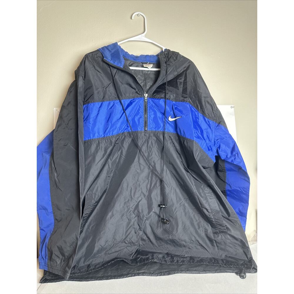 VTG 90s Nike White Tag Mens XL Winbreaker Hooded Jacket Swoosh Black Blue